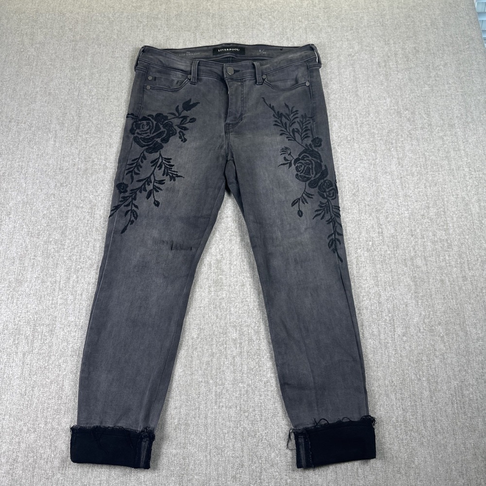 Liverpool Jeans women Size 8/29 Crop Straight-Leg Floral Design Raw Hem